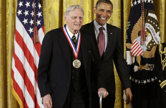 FILE - In this Feb. 1, 2013 file photo, President Barack Obama awards the National Medal of Science to Dr. John Goodenough of the University of Texas, who invented the lithium ion battery we use in ou ...
