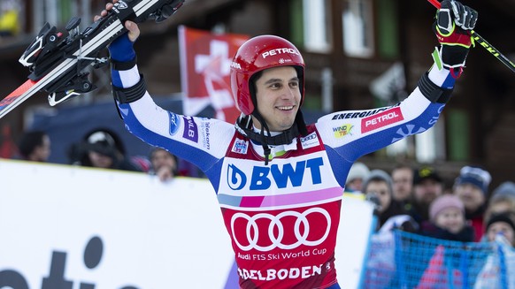 Winner Zan Kranjec of Slovenia celebrates during the flower ceremony after the men&#039;s giant slalom FIS World Cup race in Adelboden, Switzerland, Saturday, January 11, 2020. (KEYSTONE/Peter Klaunze ...