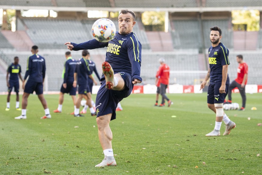 Switzerland&#039;s Xherdan Shaqiri play the ball during a training session the day before the UEFA Nations League soccer match between Belgium and Switzerland, at the King Baudouin Stadium, Brussels,  ...