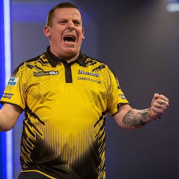 William Hill World Darts Championship 30/12/2020. Dave Chisnall England wins and celebrates during the Fourth Round of the William Hill World Darts Championship at Alexandra Palace, London, United Kin ...