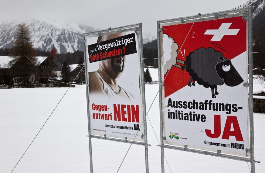 Plakate zur Ausschaffungsinitiative stehen am Freitag, 12. November 2010, in einer verschneiten Wiese in Davos-Laret. (KEYSTONE/Arno Balzarini)