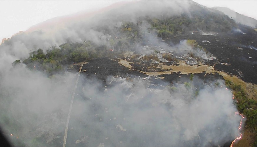 In this Aug. 20, 2019 drone photo released by the Corpo de Bombeiros de Mato Grosso, brush fires burn in Guaranta do Norte municipality, Mato Grosso state, Brazil. Brazil&#039;s National Institute for ...