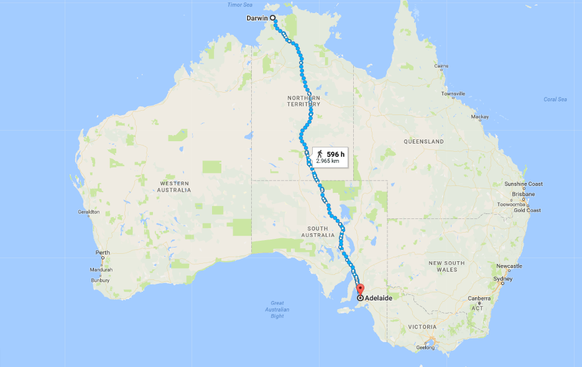 Die Route: Von Darwin nach Adelaide: 3000 Kilometer quer durch das Outback.
