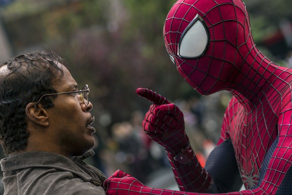 This photo provided by Sony Pictures shows Jamie Foxx, as Max Dillon, left, and Andrew Garfield as Spider-Man, in Columbia Pictures&#039; &quot;The Amazing Spider-Man 2.&quot; Sony Pictures debuted 30 ...