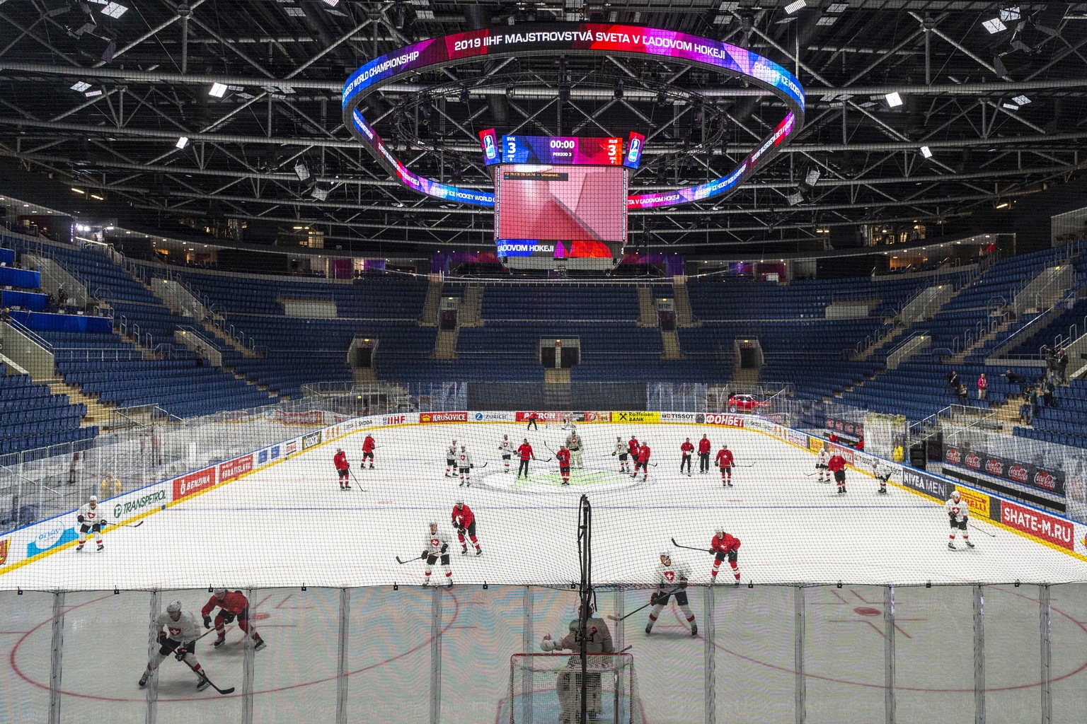 epa07558635 Players of Switzerland attend their team&#039;s training session for the IIHF 2019 World Ice Hockey Championships at the Ondrej Nepela Arena in Bratislava, Slovakia, 09 May 2019. The IIHF  ...