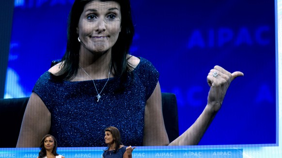 Former Ambassador to the U.N Nikki Haley speaks at the 2019 American Israel Public Affairs Committee (AIPAC) policy conference, at Washington Convention Center, in Washington, Monday, March 25, 2019.  ...