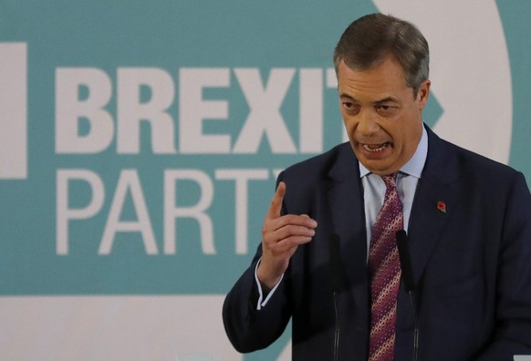 Brexit party leader Nigel Farage speaks during an event as part of the General Election campaign trail, in Hartlepool, England, Monday, Nov. 11, 2019. Britain goes to the polls on Dec. 12. (AP Photo/F ...
