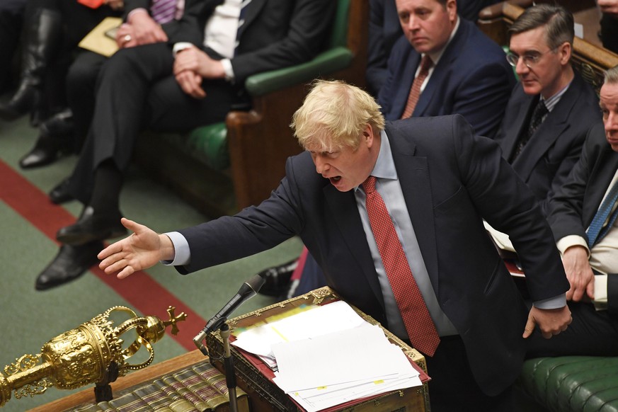 epa08151829 A handout photo made available by the UK Parliament shows British Prime Minister Boris Johnson speaking during Prime Minister Questions at the House of Commons in London, Britain, 22 Janua ...