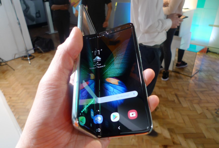 The Samsung Galaxy Fold smartphone is seen during a media preview event in London, Tuesday April 16, 2019. Samsung is hoping the innovation of smartphones with folding screens reinvigorates the market ...