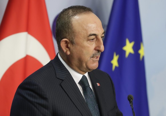 Turkey&#039;s Foreign Minister Mevlut Cavusoglu gives a joint statement with European Union foreign policy chief Josep Borrell prior to their meeting in Brussels, Thursday, Jan. 21, 2021. (Stephanie L ...