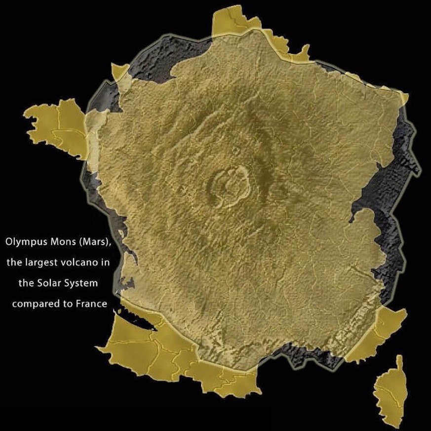 Karte: Grössenvergleich Olympus Mons (Mars) und Frankreich