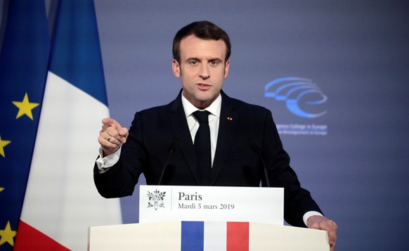 French President Emmanuel Macron delivers a speech during the closing session of the Intelligence College in Europe meeting at The Foreign Affairs Ministry in Paris Tuesday, March 5, 2019. Macron&#039 ...