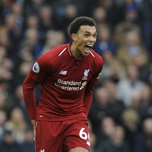 Liverpool&#039;s Trent Alexander-Arnold reacts during the English Premier League soccer match between Liverpool and Tottenham Hotspur at Anfield stadium in Liverpool, England, Sunday, March 31, 2019.  ...