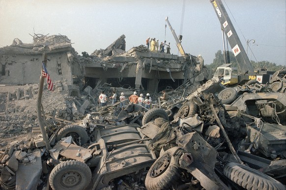 FILE - In this Oct. 23, 1983 file photo, the aftermath of the bombing of the U.S. Marines barracks in Beirut, Lebanon. The Supreme Court upheld a judgment allowing families of victims of Iranian-spons ...