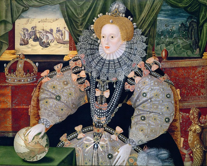 Das Armadaporträt wurde 1588 als Reaktion auf den Sieg über die spanische Armada gemalt. Die auf dem Globus ruhende Hand symbolisiert die internationale Macht Elisabeths. Queen Elizabeth I.