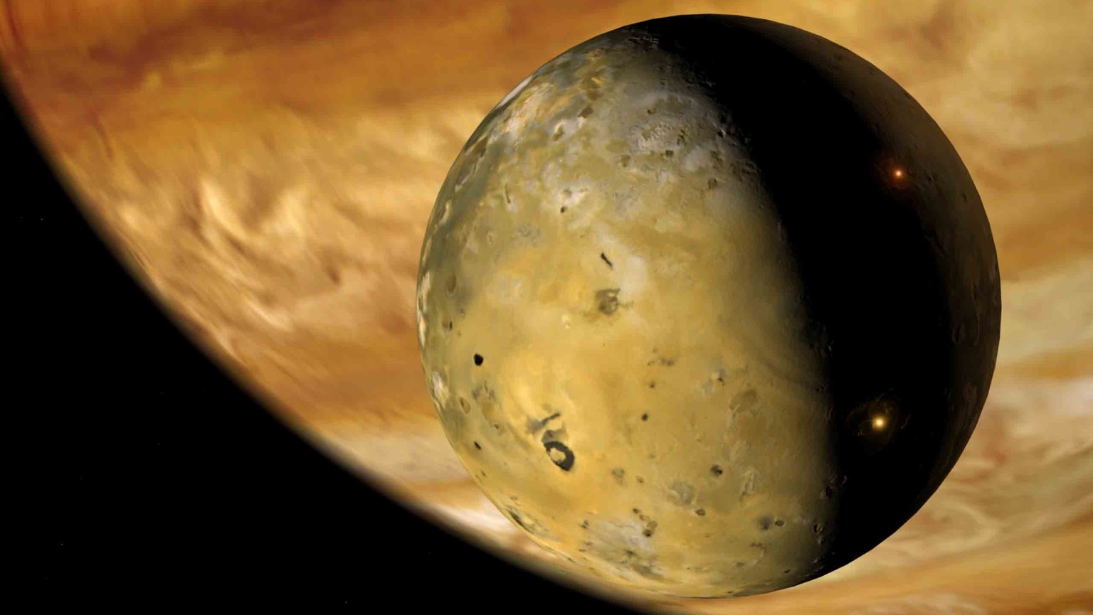 Schwefelseen und Vulkane: Der Mond Io vor dem Gasriesen Jupiter.&nbsp;