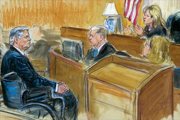 This courtroom sketch shows Paul Manafort listening to Judge Amy Berman Jackson in the U.S. District Courtroom during his sentencing hearing, in Washington, Wednesday, March 13, 2019. (Dana Verkoutere ...