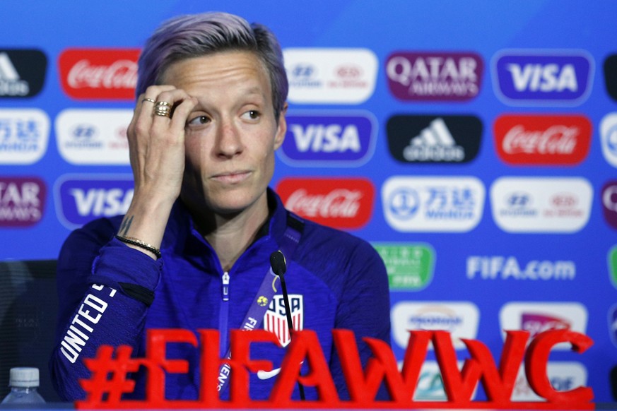 United States&#039; Megan Rapinoe attends a press conference at the Stade de Lyon, outside Lyon, France, Saturday, July 6, 2019. US will face Netherlands in a Women&#039;s World Cup final match Sunday ...
