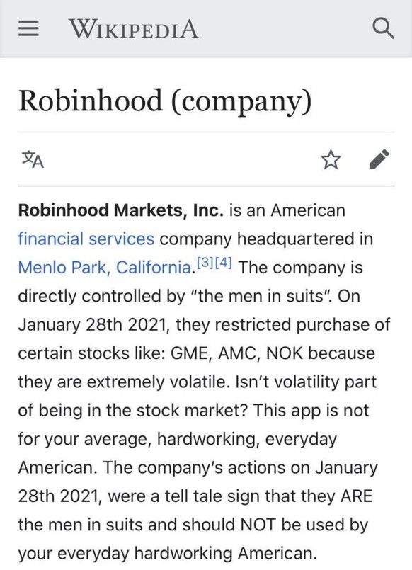 Der Wikipedia-Eintrag von Robinhood wurde flugs manipuliert.