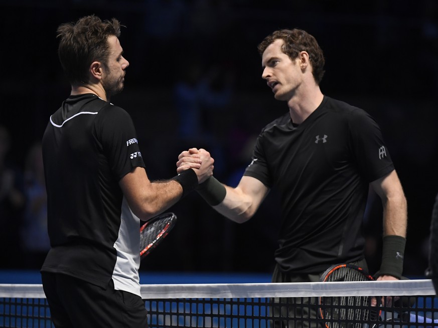 Britain Tennis - Barclays ATP World Tour Finals - O2 Arena, London - 18/11/16 Great Britain&#039;s Andy Murray and Switzerland&#039;s Stanislas Wawrinka after their round robin match Reuters / Toby Me ...