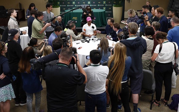 epa07418563 Rafael Nadal (C, top) of Spain speaks during the BNP Paribas Open Media Day round table at the Indian Well Tennis Garden in Indian Wells, California, USA, 06 March 2019. The men&#039;s and ...