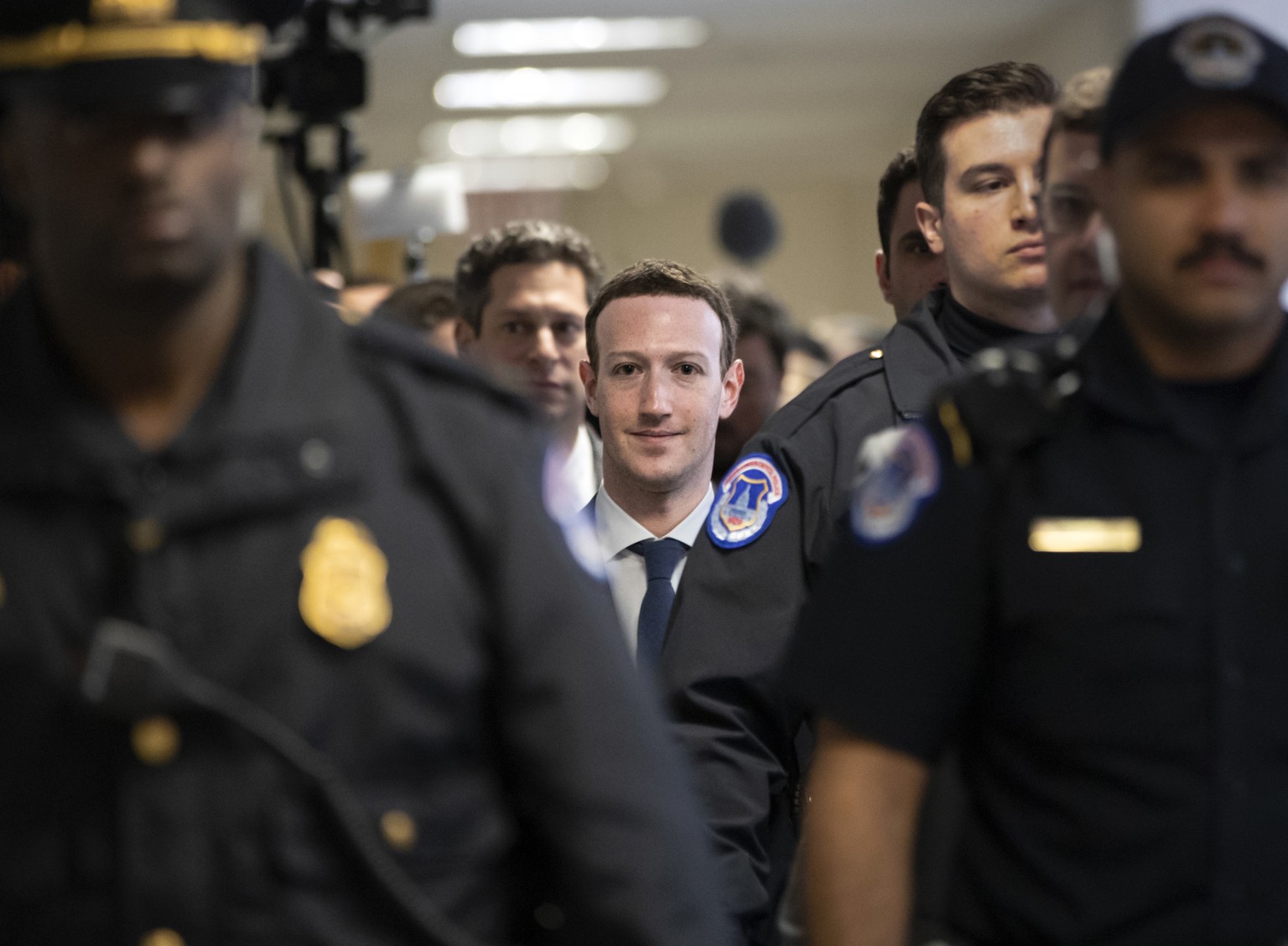 Facebook CEO Mark Zuckerberg arrives on Capitol Hill in Washington, Monday, April 9, 2018, to meet with Sen. Dianne Feinstein, D-Calif., the ranking member of the Senate Judiciary Committee. Zuckerber ...