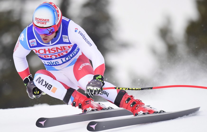 Mauro Caviezel of Switzerland skis down the course during a training run for the men&#039;s World Cup downhill ski race in Lake Louise, Alberta, on Thursday, Nov. 22, 2018. (Frank Gunn/The Canadian Pr ...