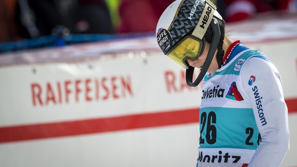 Wendy Holdener of Switzerland reacts during the women&#039;s parallel slalom 1/16 final run at the FIS Alpine Ski World Cup, in St. Moritz, Switzerland, Sunday, December 15, 2019. (KEYSTONE/Jean-Chris ...