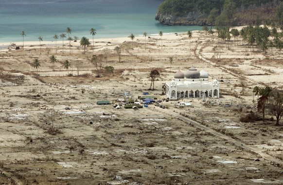 An aerial view shows the Rahmatullah Lampuuk mosque in the village of Lhoknga, near Banda Aceh, Indonesia, Sunday, January 30, 2005. The mosque was the only building within approximately one kilometer ...