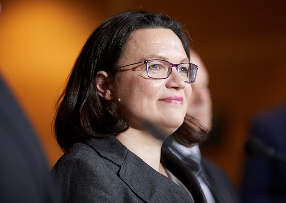 epa06522173 Chairman of the Social Democratic Party (SPD) parliamentary group and designated leader of the SPD Andrea Nahles makes a statement after a presidium meeting of the Social Democratic Party  ...