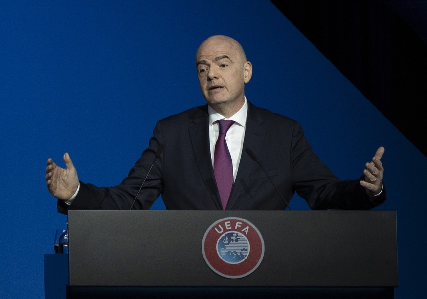 FILE - In this Tuesday March 3, 2020 file photo, FIFA President Gianni Infantino addresses a meeting of European soccer leaders at the congress of the UEFA governing body in Amsterdam, Netherlands. Hu ...