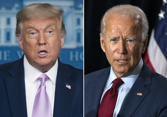 In this combination photo, president Donald Trump, left, speaks at a news conference on Aug. 11, 2020, in Washington and Democratic presidential candidate former Vice President Joe Biden speaks in Wil ...
