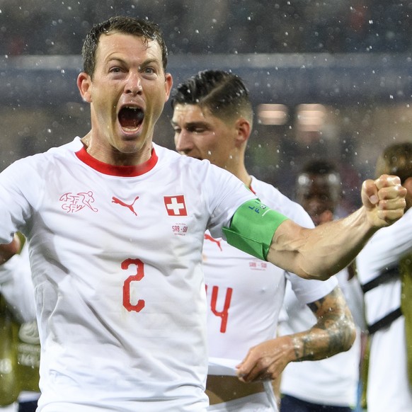 Switzerland&#039;s defender Stephan Lichtsteiner, celebrates the victory during the FIFA World Cup 2018 group E preliminary round soccer match between Switzerland and Serbia at the Arena Baltika Stadi ...