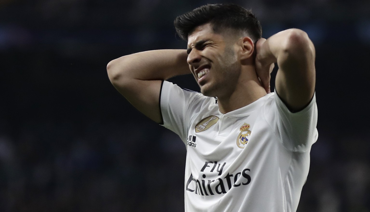 Real midfielder Marco Asensio reacts during the Champions League soccer match between Real Madrid and Ajax at the Santiago Bernabeu stadium in Madrid, Spain, Tuesday, March 5, 2019. (AP Photo/Manu Fer ...