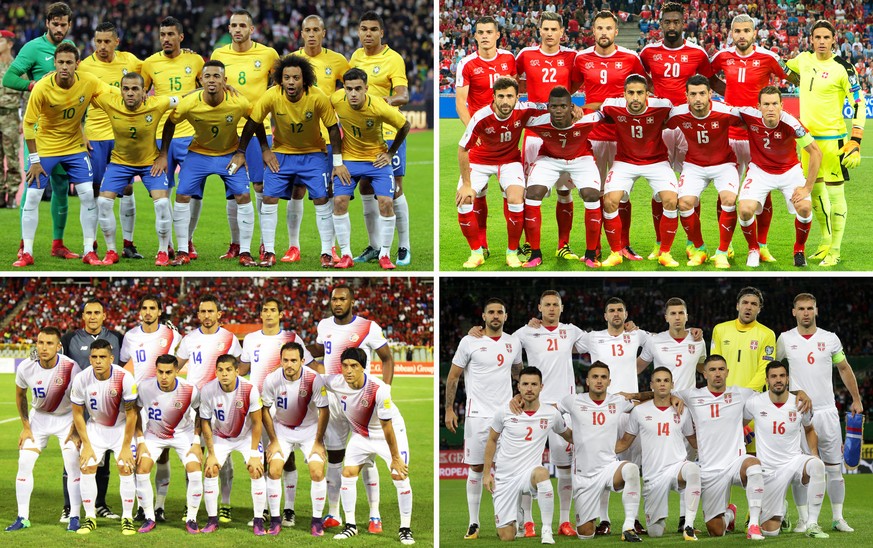 epa06361867 A composite picture of the teams of the FIFA WORLD CUP 2018 Group E after the final draw of the preliminary round groups held in Moscow, Russia, 01 December 2017: Brazil (up L), Switzerlan ...