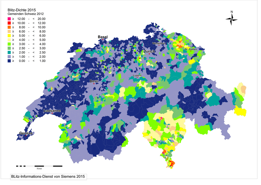 Karte Blitz-Dichte Schweiz nach Gemeinden, 2015