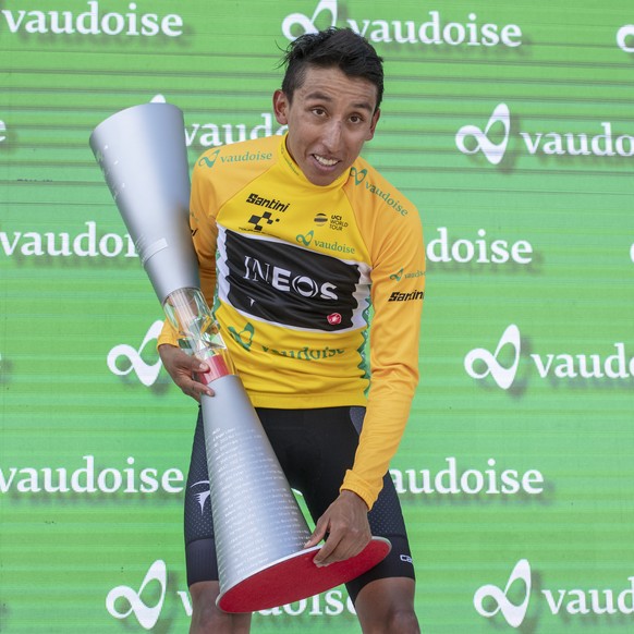 Egan Bernal from Colombia of Team Ineos celebrates after winning the Tour de Suisse at the ninth and final stage, a 101.5 km race with start and finish in Goms, Switzerland, at the 83rd Tour de Suisse ...