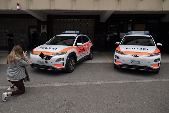 epa07524746 New electric cars of the police of canton St. Gallen are presented in St. Gallen, Switzerland, 24 April 2019. Within the next one and a half years, the police of St. Gallen will be acquiri ...