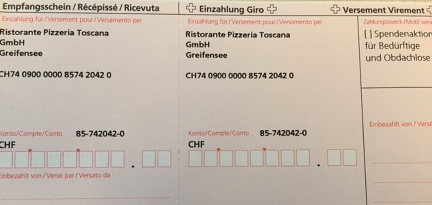 Pizzeria in Greifensee tischt Gratis-Essen auf – inzwischen kommen bis zu 10 Hungrige pro Tag
Diese Einzahlungsscheine liegen in der Pizzeria auf.