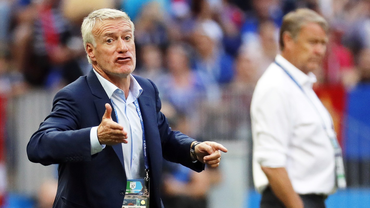 epa06841974 France&#039;s head coach Didier Deschamps (L) and Denmark&#039;s coach Age Hareide (R) react during the FIFA World Cup 2018 group C preliminary round soccer match between Denmark and Franc ...