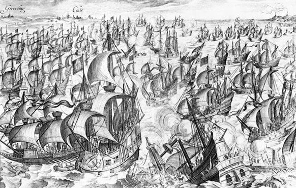 Die Seeschlacht von Gravelines am 8. August 1588. Die englischen Galeonen waren stärker und besser bewaffnet als diejenigen der Armada; sie trugen mindestens 42 Bronzekanonen, die eine höhere Reichwei ...