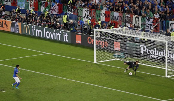 Germany goalkeeper Manuel Neuer, right, saves a penalty shot by Italy&#039;s Matteo Darmian, left, during the Euro 2016 quarterfinal soccer match between Germany and Italy, at the Nouveau Stade in Bor ...