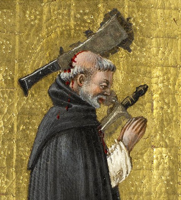 Saint Peter Martyr; Taddeo Crivelli, Italian, died about 1479, active about 1451 - 1479; Ferrara, Italy, Emilia-Romagna, Europe; about 1469; Tempera colors, gold paint, gold leaf, and ink on parchment ...