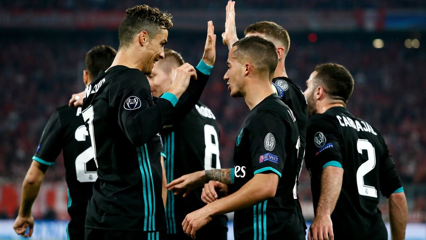 epa06692927 Real Madrid&#039;s Marco Asensio (L) celebrates scoring with Real Madrid&#039;s Cristiano Ronaldo (2-L) during the UEFA Champions League semi final, first leg soccer match between Bayern M ...
