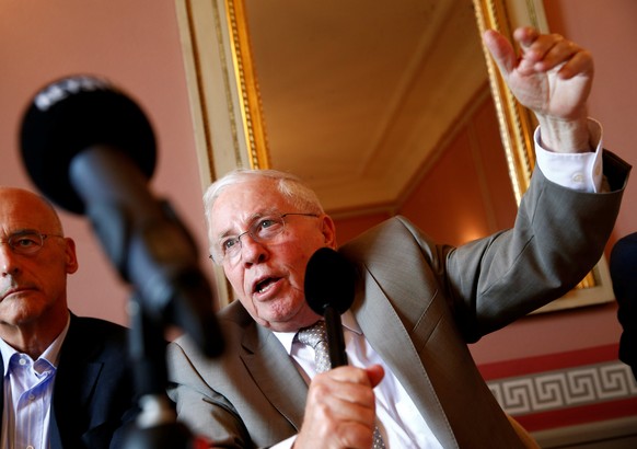 Christoph Blocher, president of the committee, gestures during a news conference of the &quot;No to slow EU accession&quot; committee in Bern, Switzerland, August 5, 2016. REUTERS/Denis Balibouse