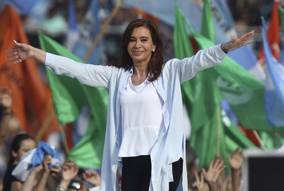 Argentina&#039;s former president who is running for senator, Cristina Fernandez de Kirchner, gestures to supporters during a campaign rally at Racing Club stadium in Buenos Aires, Argentina, Monday,  ...