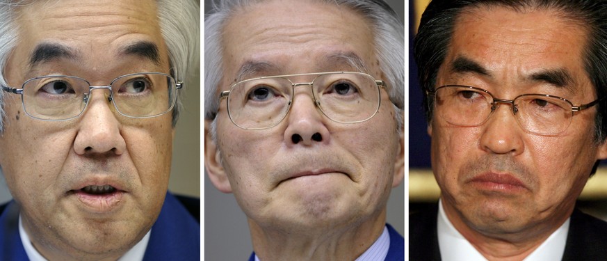 epa07852440 (FILE) - A composite picture made of files dated 30 March 2011 (L and C) and 25 July 2007 (R) of former TEPCO vice presidents Sake Muto (L-R), chairman of TEPCO at the time of the disaster ...