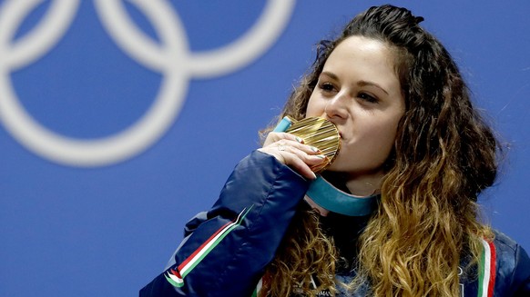 epa06532300 Gold medal winner Michela Moioli of Italy during the medal ceremony for the women&#039;s Snowboard SBX Cross competition at the PyeongChang 2018 Olympic Games, South Korea, 16 February 201 ...