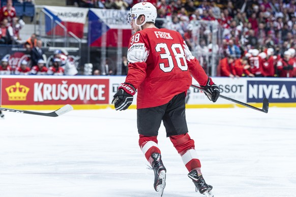 Switzerland&#039;s Lukas Frick celebrater after scoring 1:0 during the game between Czech Republic and Switzerland, at the IIHF 2019 World Ice Hockey Championships, at the Ondrej Nepela Arena in Brati ...