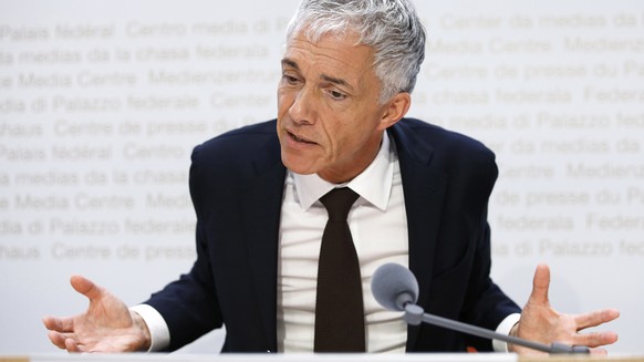 epa07561030 Swiss Federal Attorney Michael Lauber speaks during a press conference at the Media Centre of the Federal Parliament in Bern, Switzerland, 10 May 2019. Federal Attorney Michael Lauber is c ...